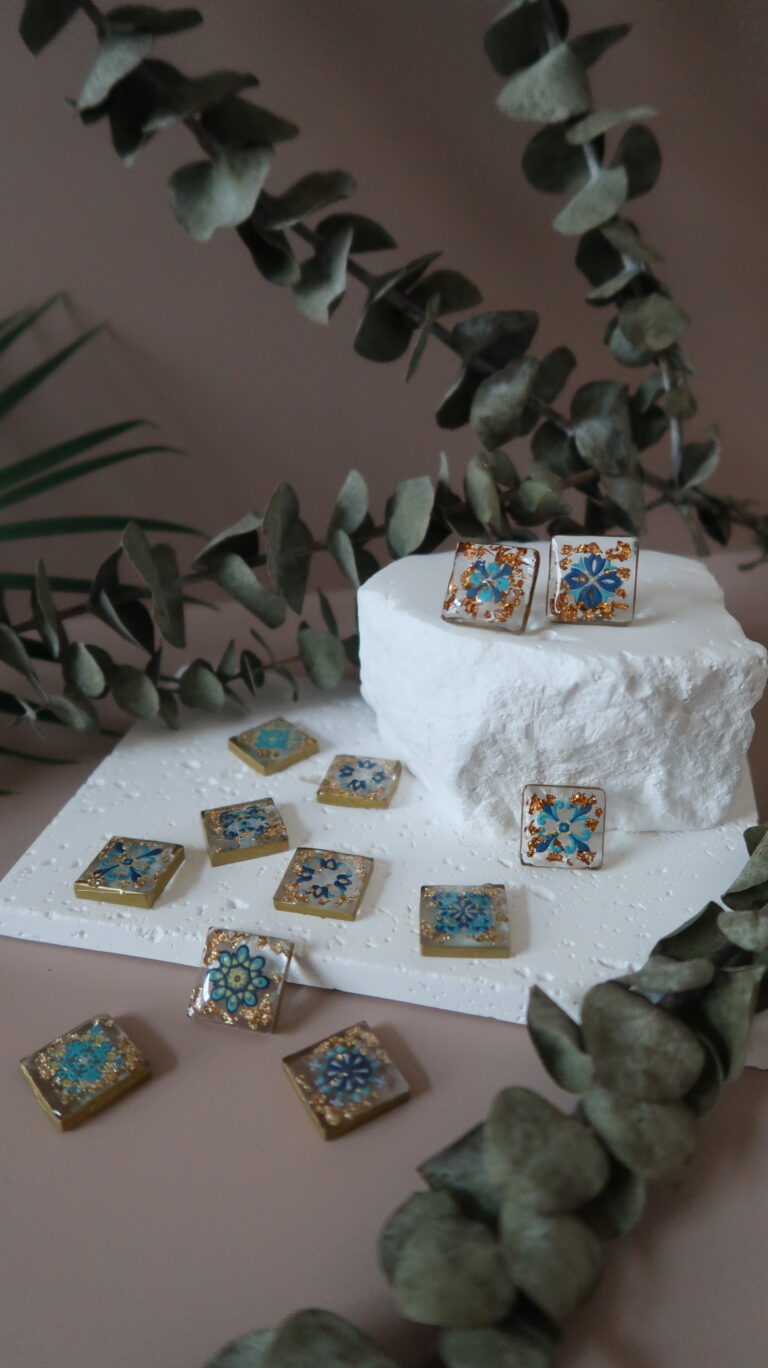 Transparent Vietnamese tile earrings made with resin and gold leaf