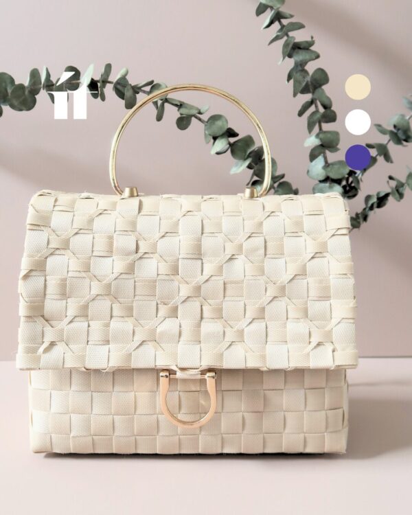 Urban Weave Bag in beige color, lightweight and durable PP tape basket shoulder bag