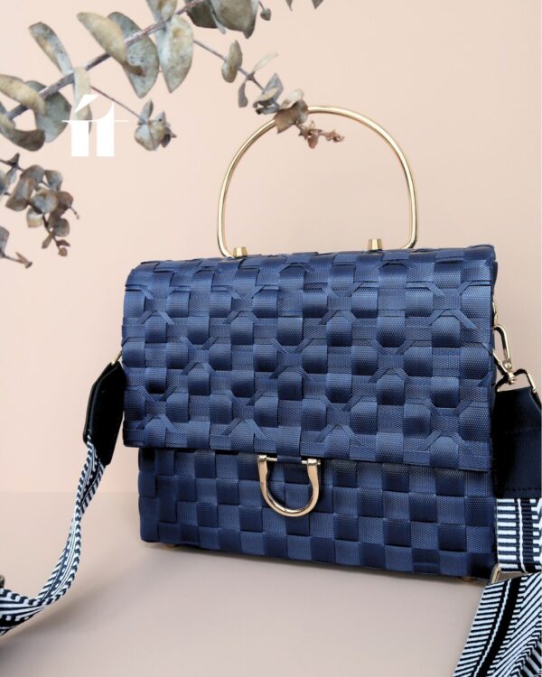 Urban Weave Bag in navy color, lightweight and durable PP tape basket bag handcrafted in Vietnam