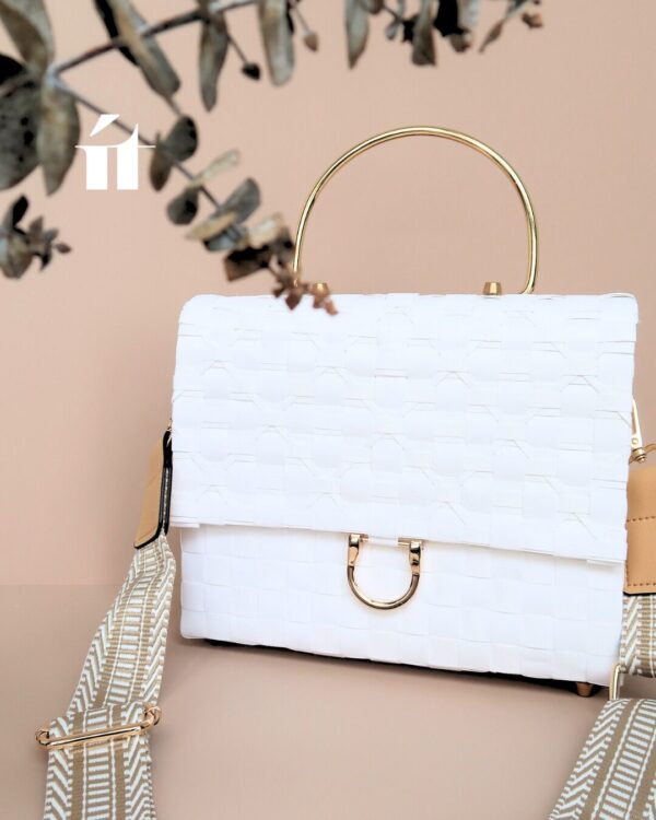 Urban Weave Bag in white color, lightweight and durable PP tape basket bag handcrafted in Vietnam