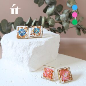 Saigon Tile Earrings in Saigon River Blue and Lotus Pink, handcrafted resin earrings inspired by Vietnamese tile patterns