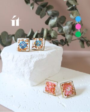Saigon Tile Earrings in Saigon River Blue and Lotus Pink, handcrafted resin earrings inspired by Vietnamese tile patterns