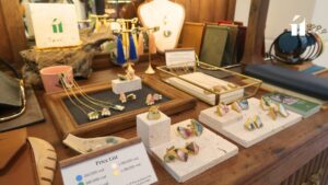 Handmade jewelry display by ít ít Việt Nam inside Thị House Thảo Điền, featuring the Kintsugi-inspired collection crafted from upcycled Sông Bé ceramics.